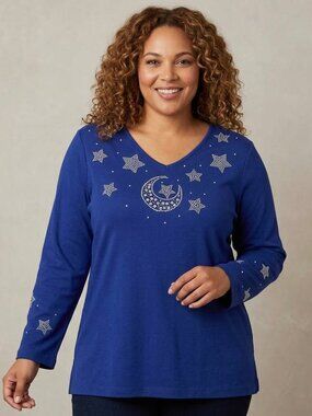 NWT Quacker Factory cotton long sleeve blue tee, size 1X